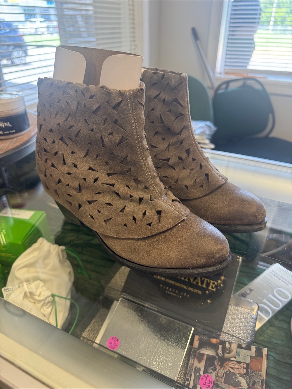 NWOT Antelope Taupe Laser-Cut Wedge Ankle Booties